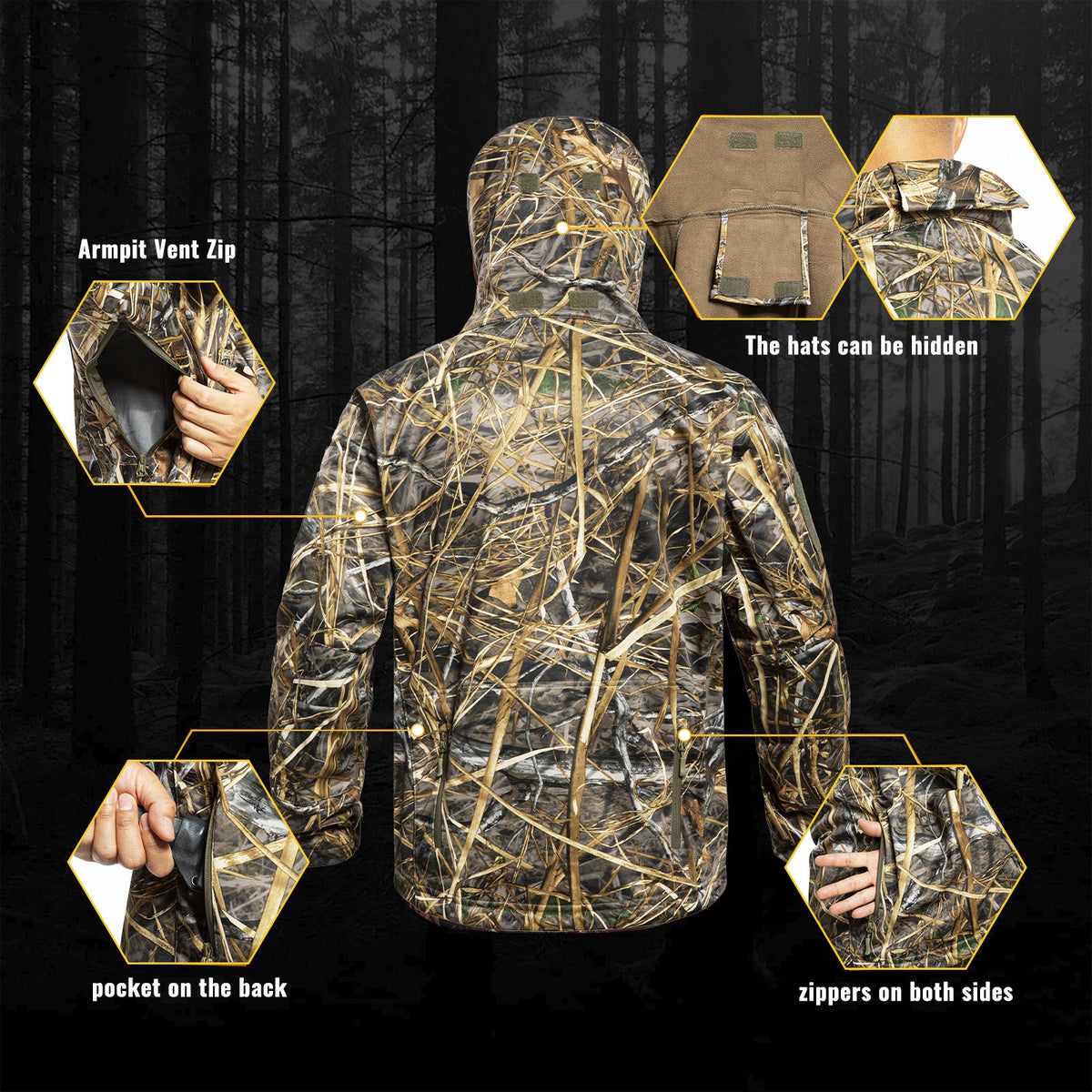Hunting Jacket for Men Quiet Hunting Camouflage Clothing Hoodie Camo Coat