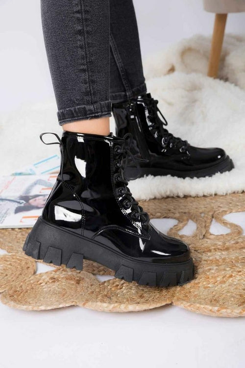 Lace Up Chunky Patent Ankle Boots in Black
